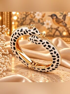 Giraffe Head Cuff Bracelet Animal Print Enamel Statement Bangle